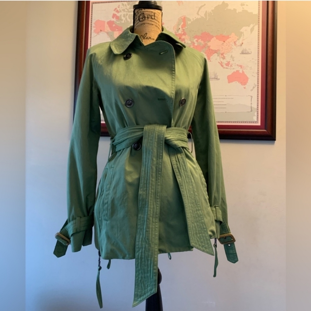 G.E.T. olive green double breasted cotton blend ladies trench coat Size Sm. VGUC